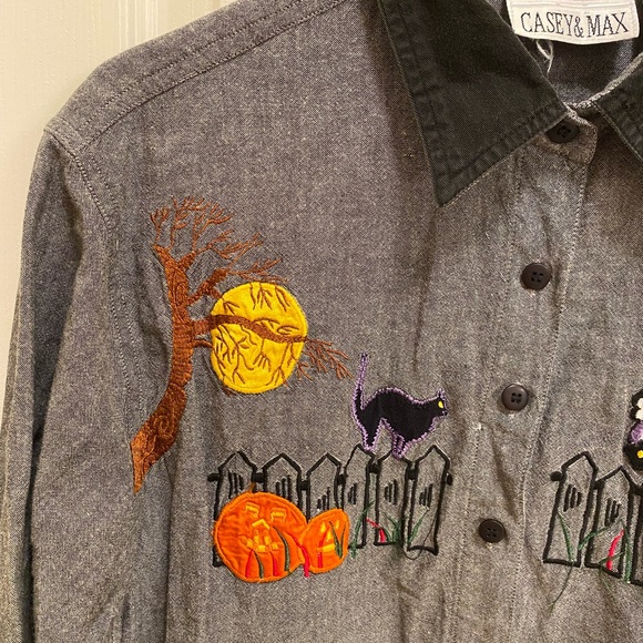 Halloween Embroidered Fall Pumpkin Casey & Max Gray cotton Button Down Shirt - Picture 4 of 11